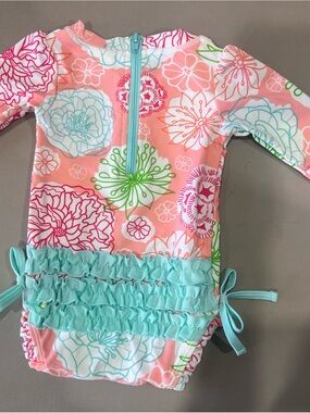 Ruffle Butts Pink Floral Long Sleeve Ruffle One-Piece with Aqua Trim